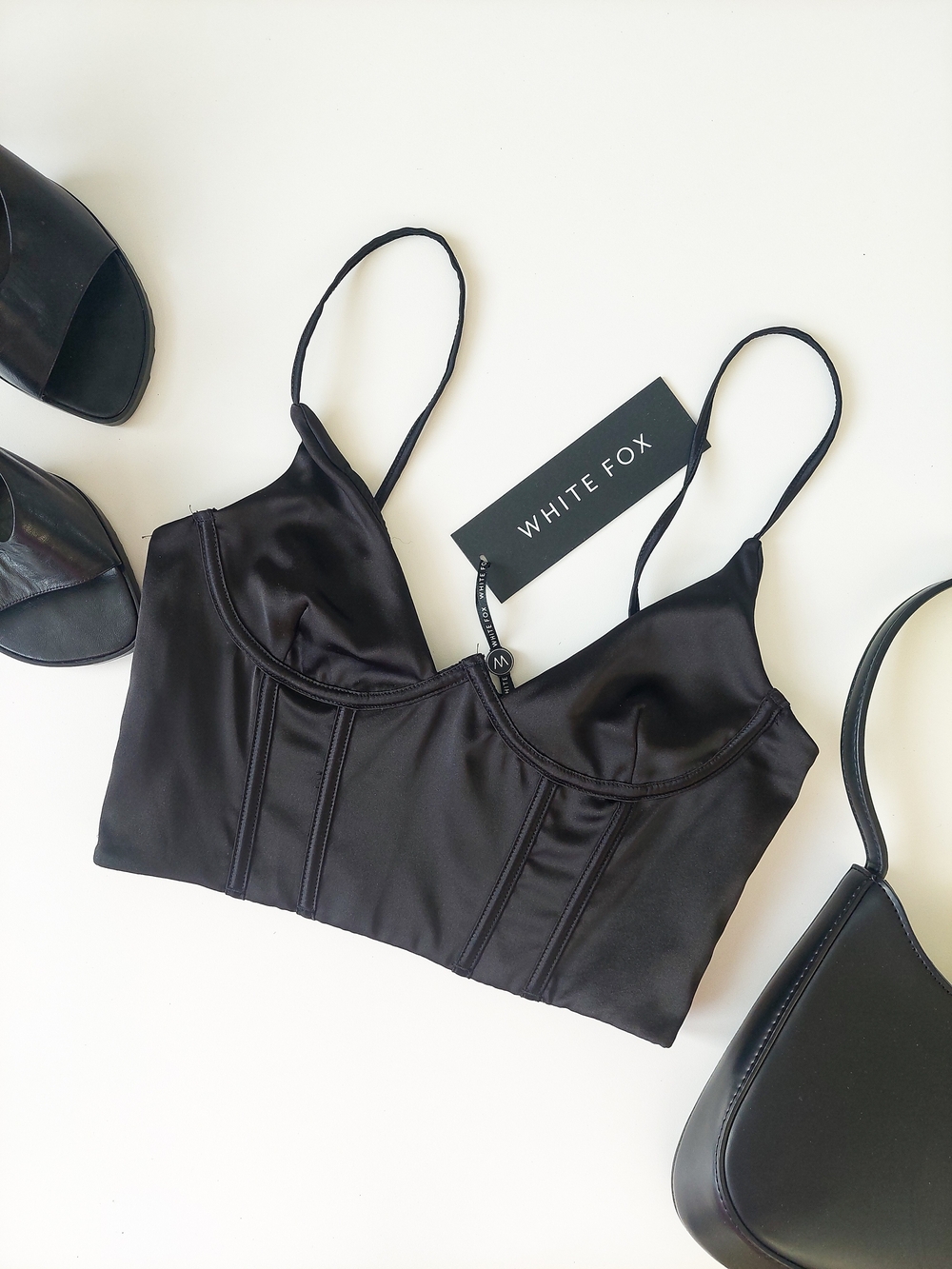 White Fox Acacia S Black Satin Bustier Bralette Bra Tank Top Crop Silk Style